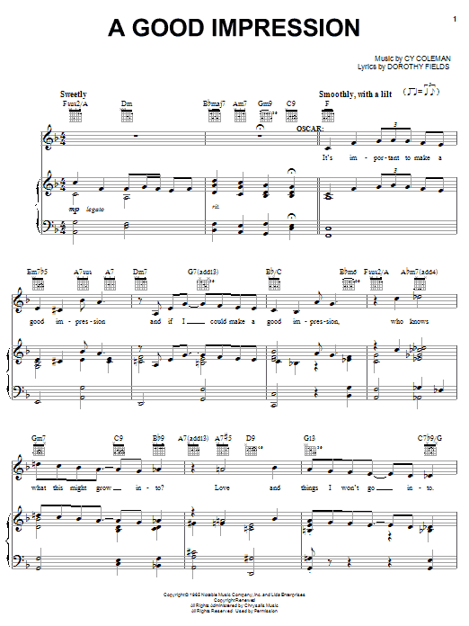 Learn to play Cy Coleman A Good Impression sheet music for Piano, Vocal & Guitar Chords (Right-Hand Melody) in minutes. Price: 7.8900$ Cy Coleman A Good Impression sheet music notes and chords arranged for Piano, Vocal & Guitar Chords (Right-Hand Melody)