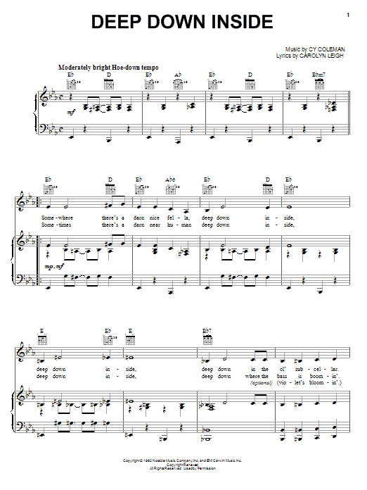Learn to play Cy Coleman Deep Down Inside sheet music for Piano, Vocal & Guitar Chords (Right-Hand Melody) in minutes. Price: 7.8900$ Cy Coleman Deep Down Inside sheet music notes and chords arranged for Piano, Vocal & Guitar Chords (Right-Hand Melody)