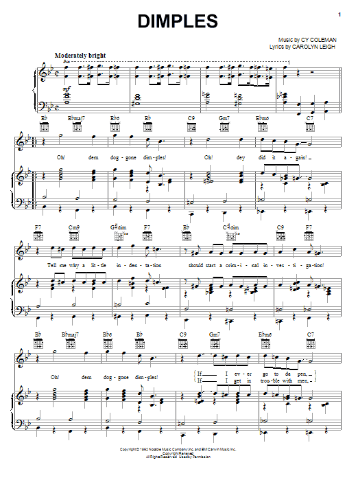 Learn to play Cy Coleman Dimples sheet music for Piano, Vocal & Guitar Chords (Right-Hand Melody) in minutes. Price: 7.8900$ Cy Coleman Dimples sheet music notes and chords arranged for Piano, Vocal & Guitar Chords (Right-Hand Melody)
