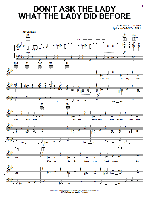 Learn to play Cy Coleman Don't Ask The Lady What The Lady Did Before sheet music for Piano, Vocal & Guitar Chords (Right-Hand Melody) in minutes. Price: 7.8900$ Cy Coleman Don't Ask The Lady What The Lady Did Before sheet music notes and chords arranged for Piano, Vocal & Guitar Chords (Right-Hand Melody)