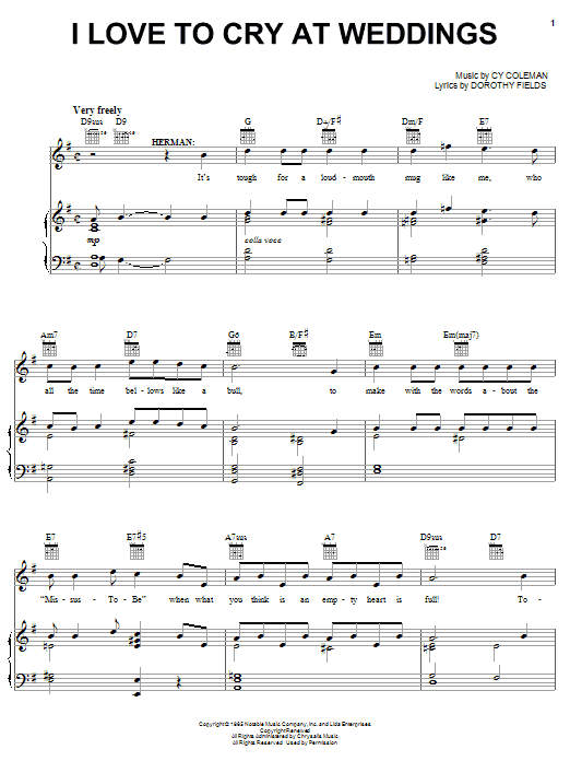 Cy Coleman I Love To Cry At Weddings sheet music notes and chords. Download Printable PDF.