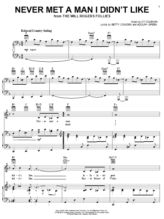 Learn to play Cy Coleman Never Met A Man I Didn't Like sheet music for Piano, Vocal & Guitar Chords (Right-Hand Melody) in minutes. Price: 7.8900$ Cy Coleman Never Met A Man I Didn't Like sheet music notes and chords arranged for Piano, Vocal & Guitar Chords (Right-Hand Melody)