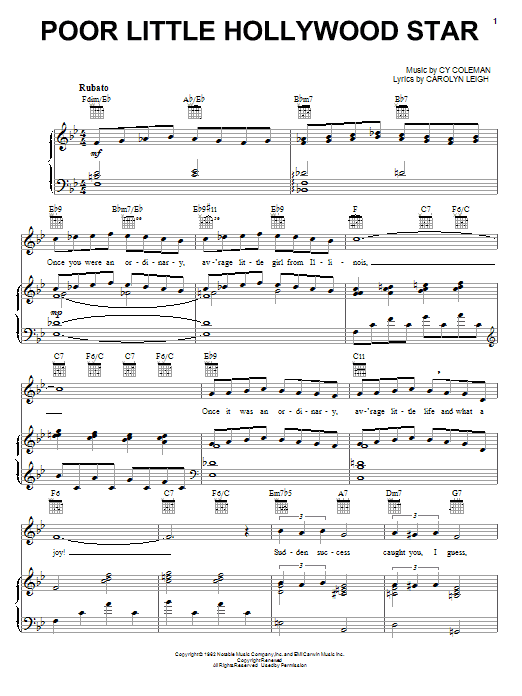 Learn to play Cy Coleman Poor Little Hollywood Star sheet music for Piano, Vocal & Guitar Chords (Right-Hand Melody) in minutes. Price: 7.8900$ Cy Coleman Poor Little Hollywood Star sheet music notes and chords arranged for Piano, Vocal & Guitar Chords (Right-Hand Melody)