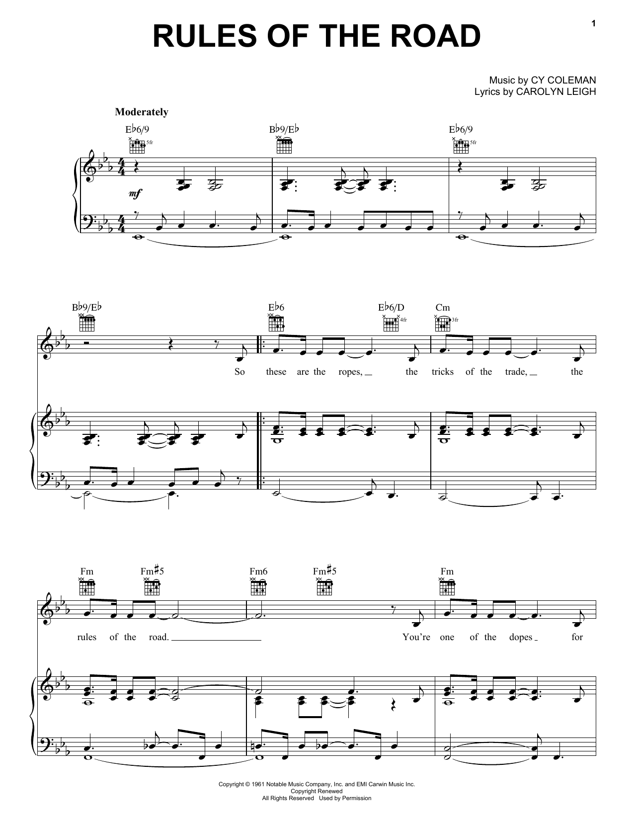 Learn to play Cy Coleman Rules Of The Road sheet music for Piano, Vocal & Guitar Chords (Right-Hand Melody) in minutes. Price: 7.8900$ Cy Coleman Rules Of The Road sheet music notes and chords arranged for Piano, Vocal & Guitar Chords (Right-Hand Melody)