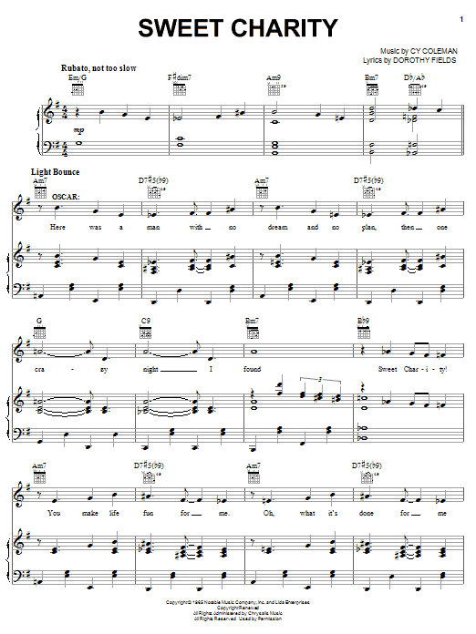 Learn to play Cy Coleman Sweet Charity sheet music for Piano, Vocal & Guitar Chords (Right-Hand Melody) in minutes. Price: 7.8900$ Cy Coleman Sweet Charity sheet music notes and chords arranged for Piano, Vocal & Guitar Chords (Right-Hand Melody)