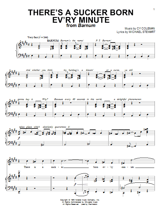Learn to play Cy Coleman There's A Sucker Born Ev'ry Minute sheet music for Piano, Vocal & Guitar Chords (Right-Hand Melody) in minutes. Price: 7.8900$ Cy Coleman There's A Sucker Born Ev'ry Minute sheet music notes and chords arranged for Piano, Vocal & Guitar Chords (Right-Hand Melody)