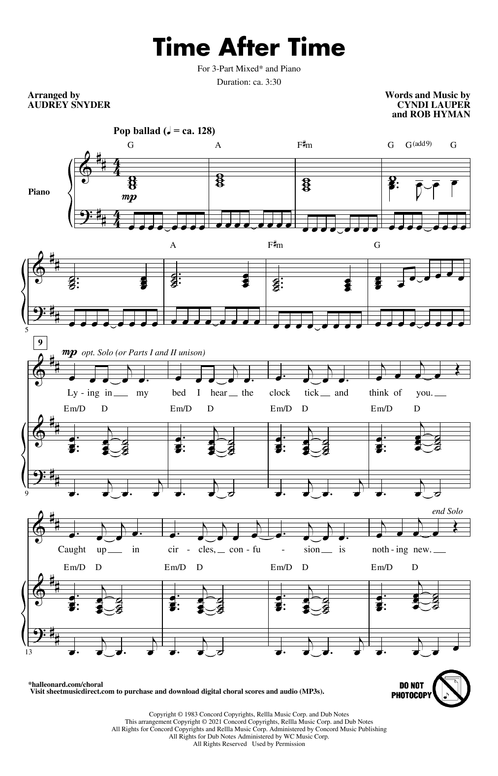 Cyndi Lauper Time After Time (arr. Audrey Snyder) sheet music notes and chords. Download Printable PDF.