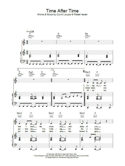 Cyndi Lauper Time After Time sheet music notes and chords. Download Printable PDF.