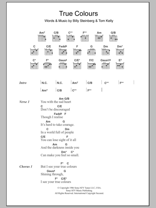 Cyndi Lauper True Colours sheet music notes and chords. Download Printable PDF.