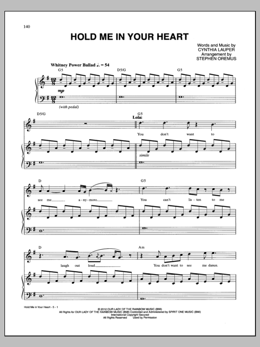 Cynthia Lauper Hold Me In Your Heart sheet music notes and chords. Download Printable PDF.