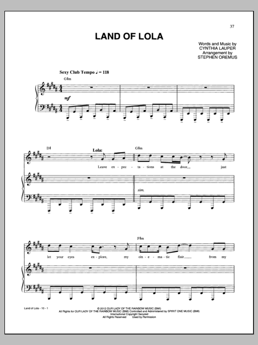 Cynthia Lauper Land Of Lola sheet music notes and chords arranged for Piano & Vocal