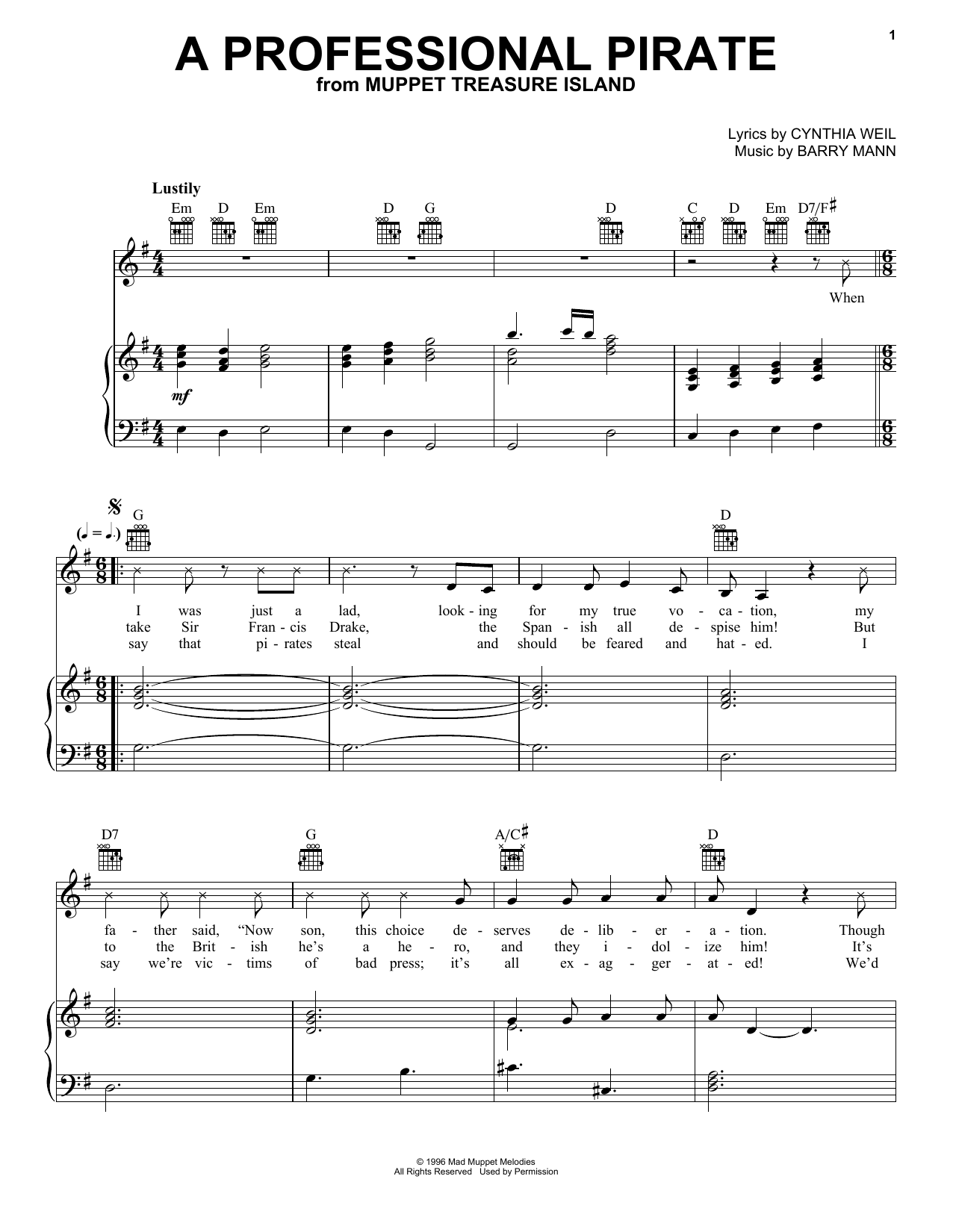 Cynthia Weil A Professional Pirate (from Muppet Treasure Island) sheet music notes and chords. Download Printable PDF.