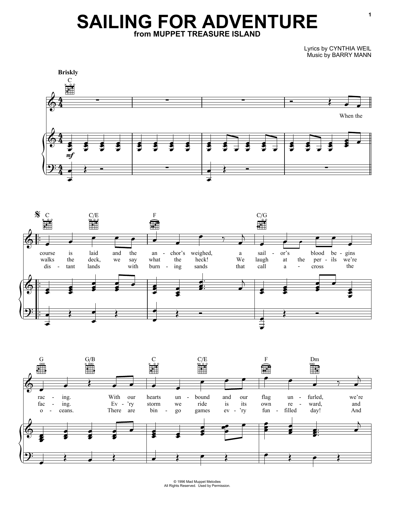 Cynthia Weil Sailing For Adventure (from Muppet Treasure Island) sheet music notes and chords. Download Printable PDF.