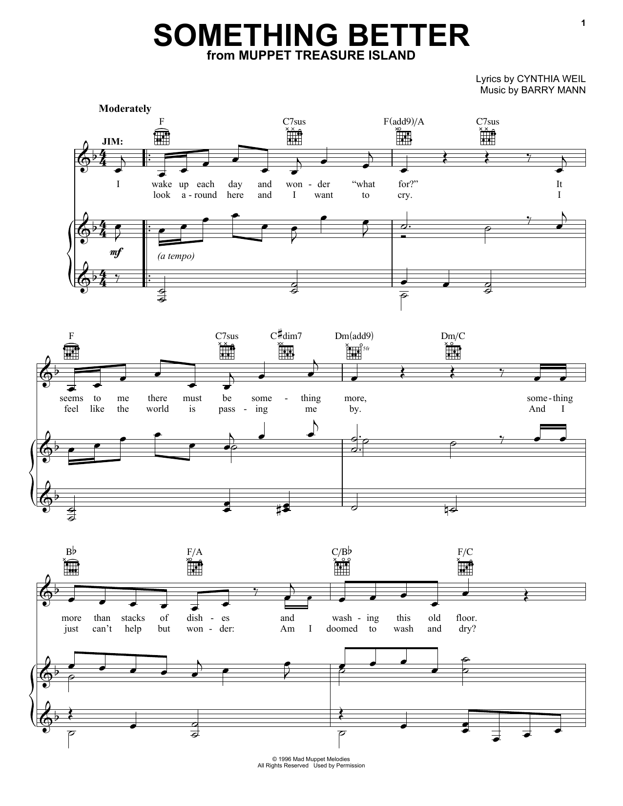 Cynthia Weil Something Better (from Muppet Treasure Island) sheet music notes and chords. Download Printable PDF.