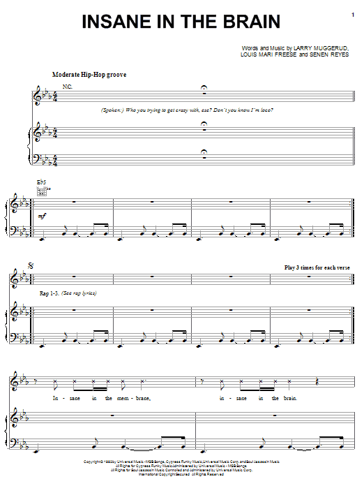 Learn to play Cypress Hill Insane In The Brain sheet music for Piano, Vocal & Guitar Chords (Right-Hand Melody) in minutes. Price: 7.8900$ Cypress Hill Insane In The Brain sheet music notes and chords arranged for Piano, Vocal & Guitar Chords (Right-Hand Melody)