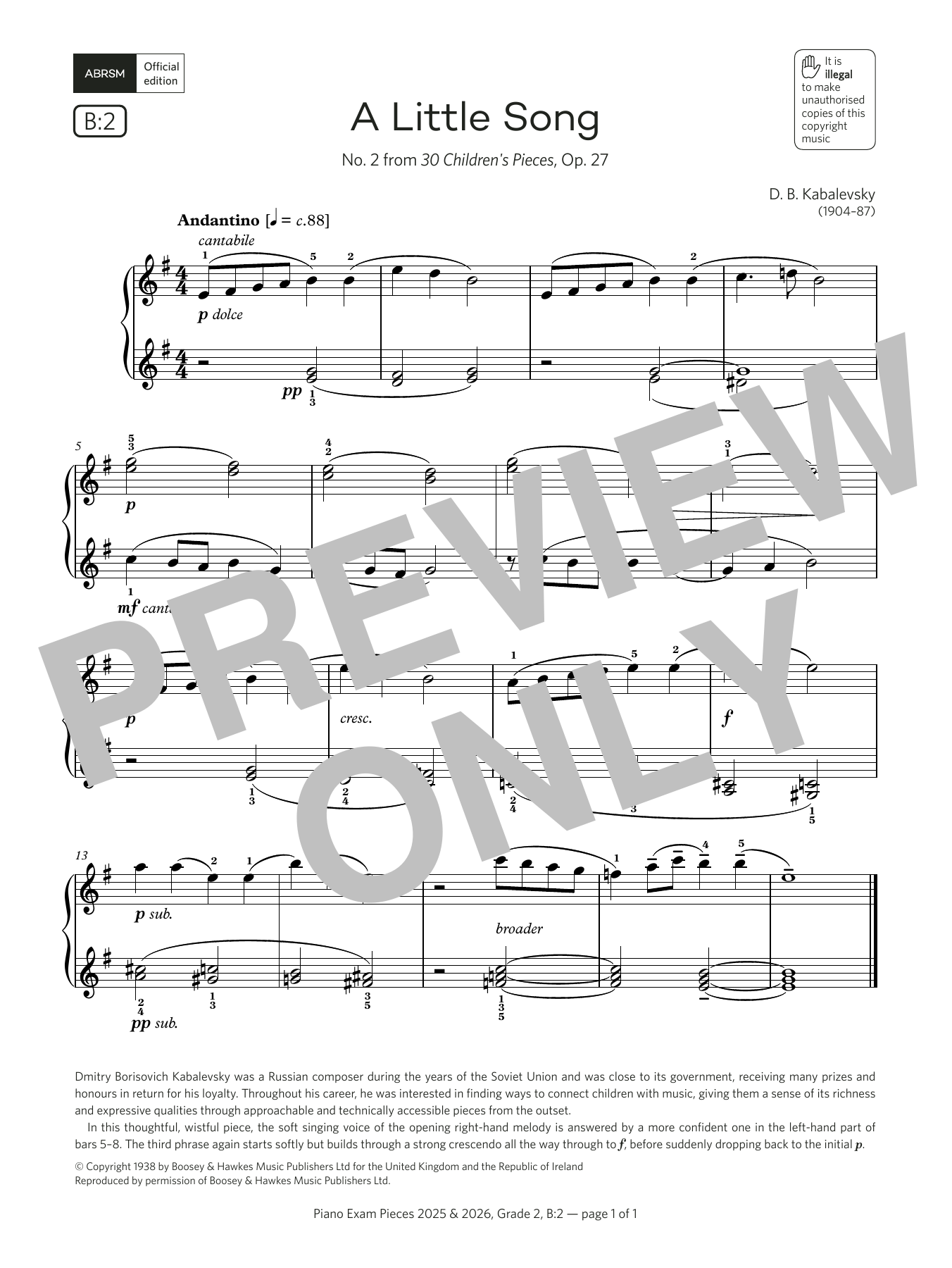 D. B. Kabalevsky A Little Song (Grade 2, list B2, from the ABRSM Piano Syllabus 2025 & 2026) sheet music notes and chords. Download Printable PDF.