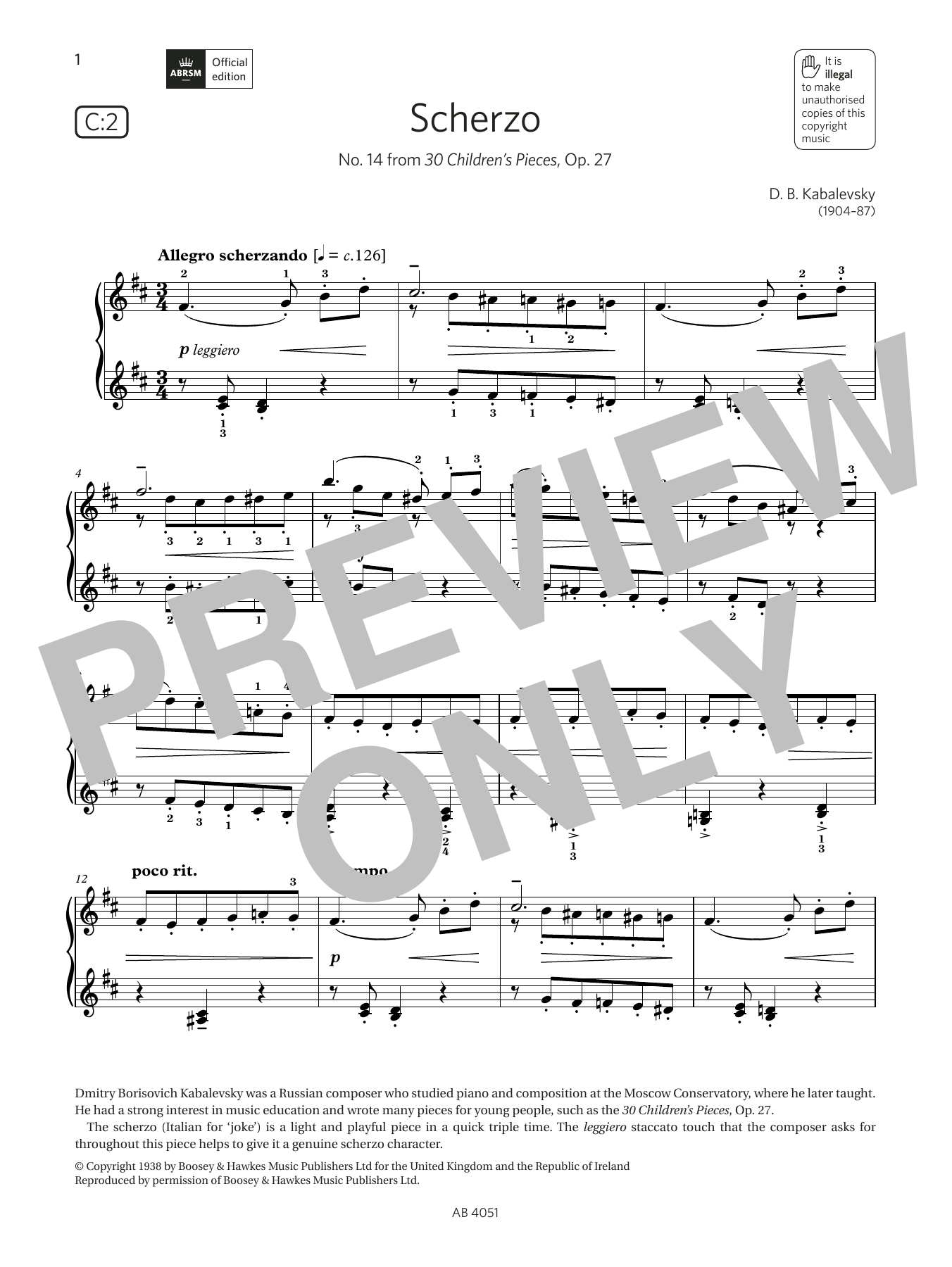 D B Kabalevsky Scherzo (Grade 5, list C2, from the ABRSM Piano Syllabus 2023 & 2024) sheet music notes and chords. Download Printable PDF.