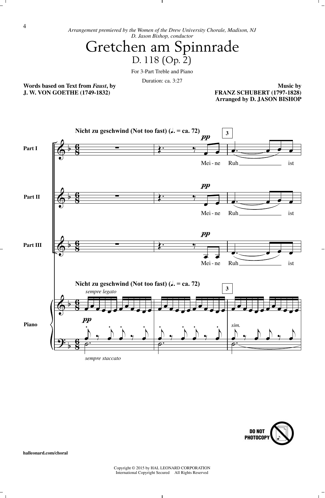 Learn to play D. Jason Bishop Gretchen At The Spinning Wheel (Gretchen Am Spinnrade) sheet music for 3-Part Treble Choir in minutes. Price: 4.7900$ D. Jason Bishop Gretchen At The Spinning Wheel (Gretchen Am Spinnrade) sheet music notes and chords arranged for 3-Part Treble Choir