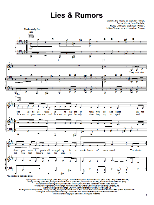 D12 Lies & Rumors (from Shark Tale) sheet music notes and chords arranged for Piano, Vocal & Guitar Chords (Right-Hand Melody)