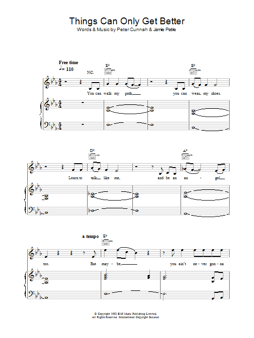 D Ream: Things Can Only Get Better sheet music notes and chords arranged for Piano, Vocal & Guitar Chords