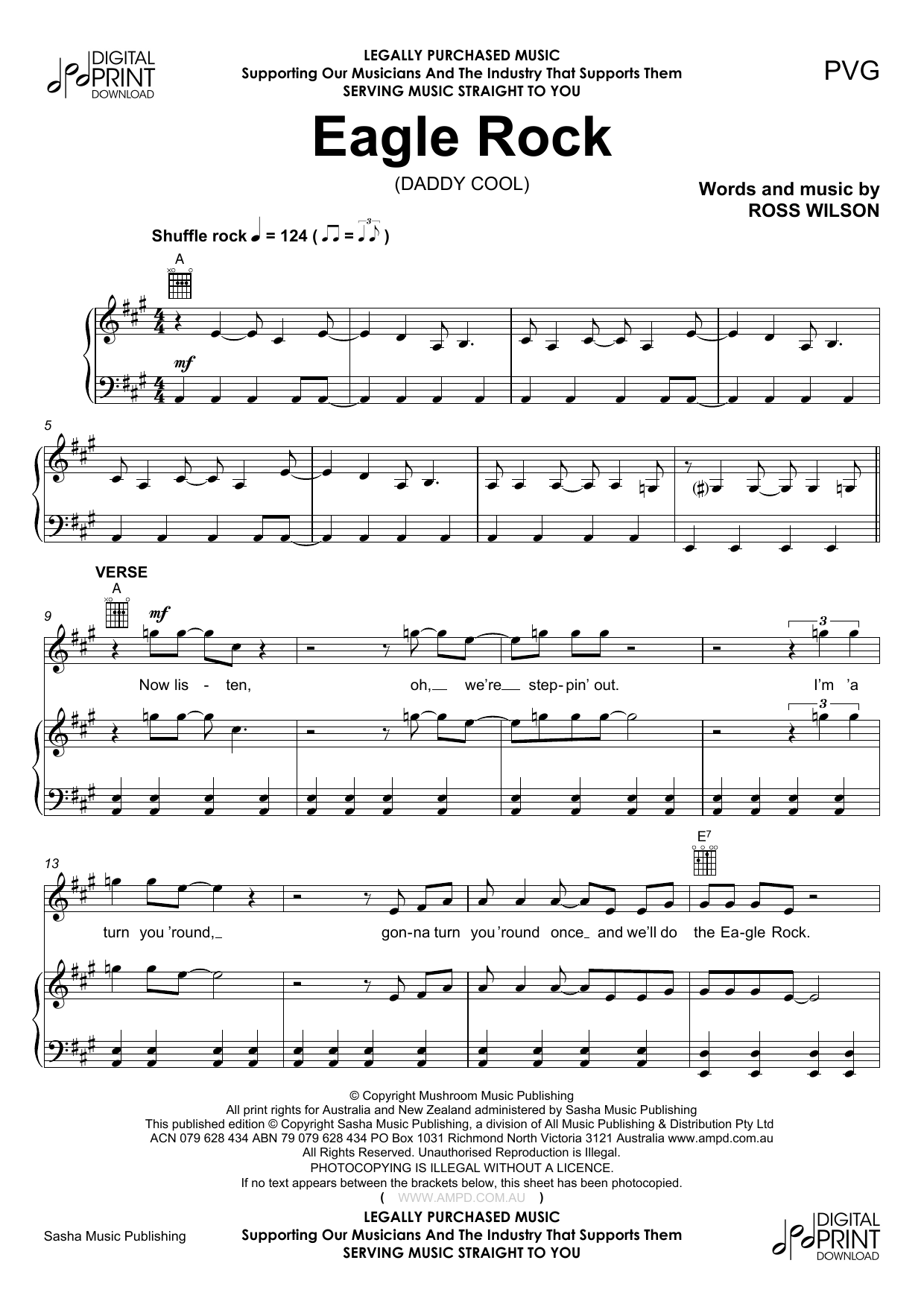 Daddy Cool Eagle Rock sheet music notes and chords arranged for Piano, Vocal & Guitar Chords (Right-Hand Melody)