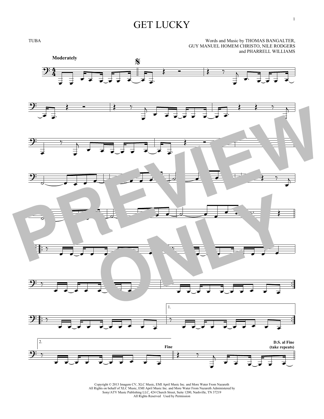 Learn to play Daft Punk feat. Pharrell Williams Get Lucky sheet music for Tuba Solo in minutes. Price: 6.9900$ Daft Punk feat. Pharrell Williams Get Lucky sheet music notes and chords arranged for Tuba Solo