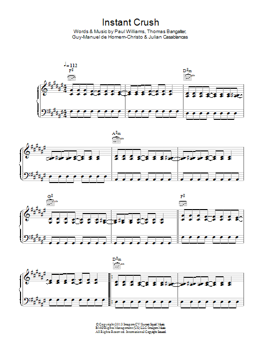 Learn to play Daft Punk Instant Crush sheet music for Piano, Vocal & Guitar Chords in minutes. Price: 7.8900$ Daft Punk Instant Crush sheet music notes and chords arranged for Piano, Vocal & Guitar Chords