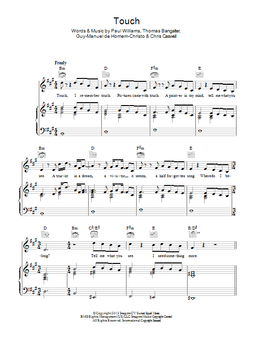 Learn to play Daft Punk Touch sheet music for Piano, Vocal & Guitar Chords in minutes. Price: 7.8900$ Daft Punk Touch sheet music notes and chords arranged for Piano, Vocal & Guitar Chords