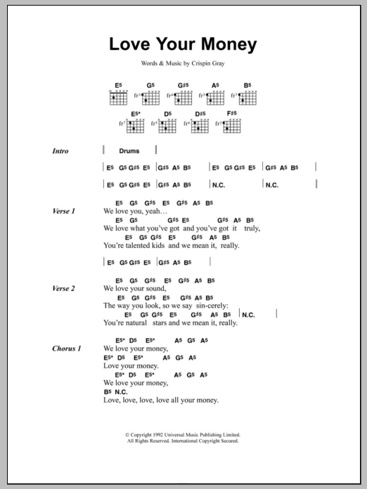 Learn to play Daisy Chainsaw Love Your Money sheet music for Guitar Chords/Lyrics in minutes. Price: 4.4900$ Daisy Chainsaw Love Your Money sheet music notes and chords arranged for Guitar Chords/Lyrics