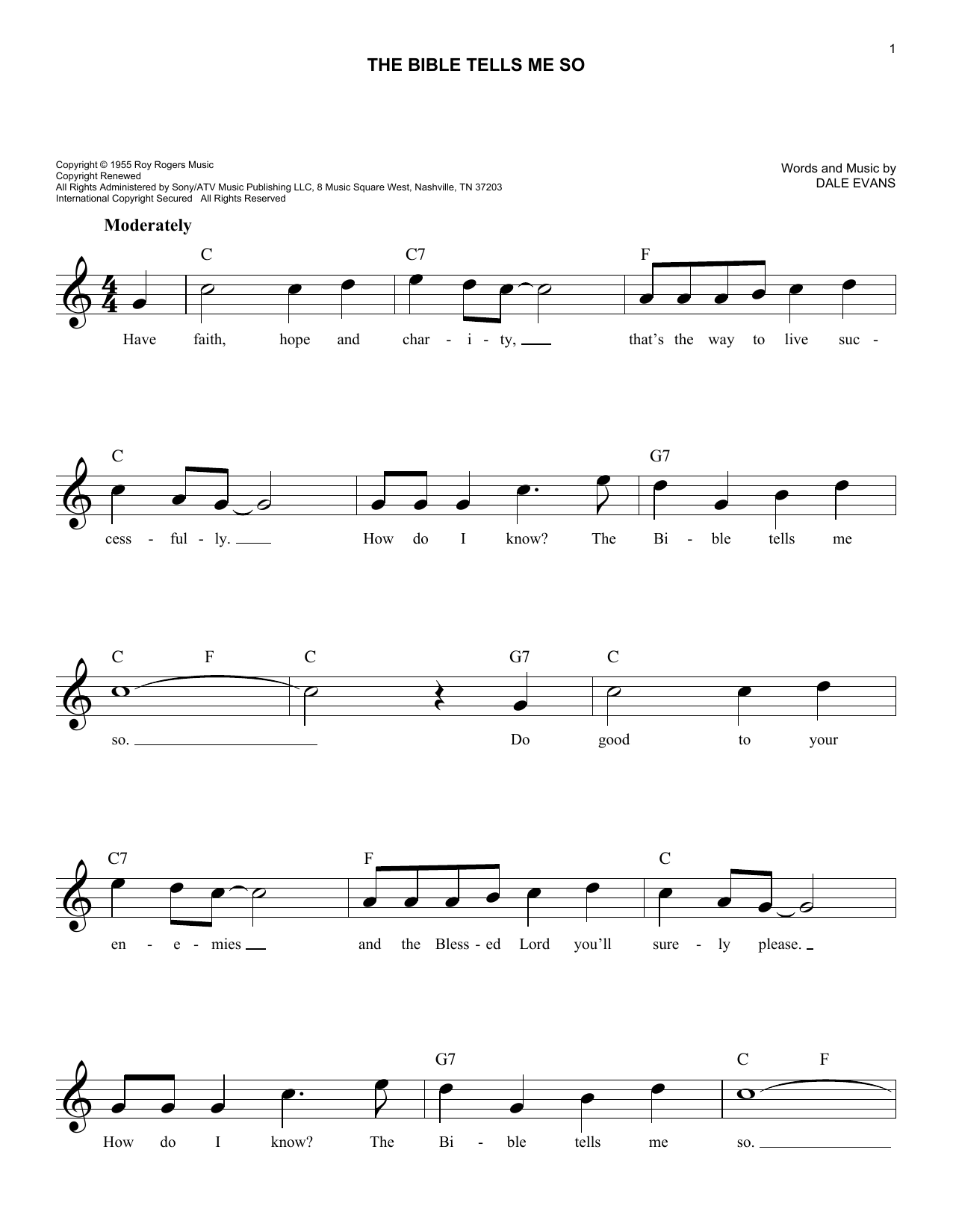 Dale Evans The Bible Tells Me So sheet music notes and chords. Download Printable PDF.