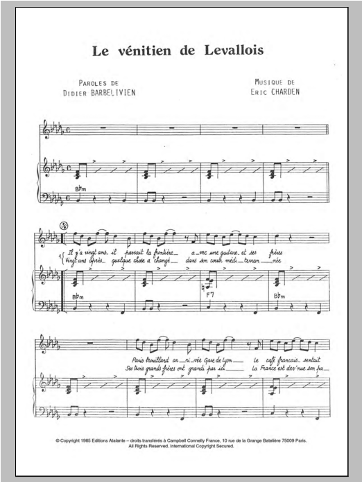 Learn to play Dalida Le Venitien De Levallois sheet music for Piano & Vocal in minutes. Price: 7.8900$ Dalida Le Venitien De Levallois sheet music notes and chords arranged for Piano & Vocal