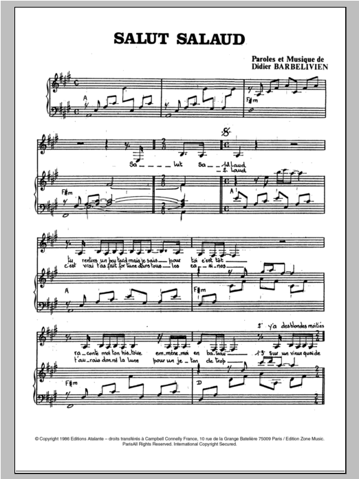 Learn to play Dalida Salut Salaud sheet music for Piano & Vocal in minutes. Price: 7.8900$ Dalida Salut Salaud sheet music notes and chords arranged for Piano & Vocal