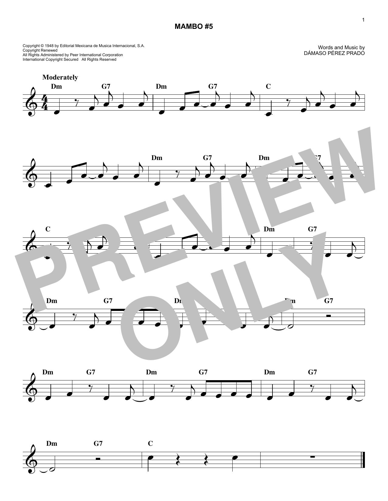 Learn to play Damaso Perez Prado Mambo #5 sheet music for Easy Lead Sheet / Fake Book in minutes. Price: 5.9900$ Damaso Perez Prado Mambo #5 sheet music notes and chords arranged for Easy Lead Sheet / Fake Book