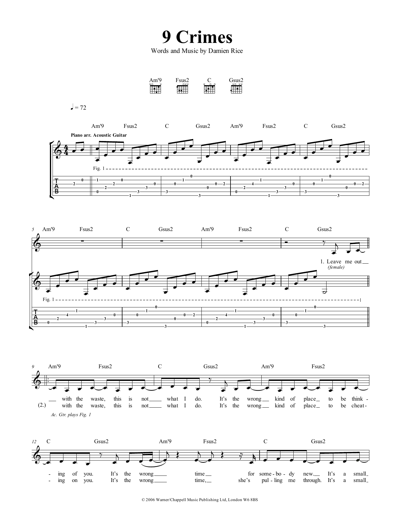 Damien Rice 9 Crimes sheet music notes and chords. Download Printable PDF.