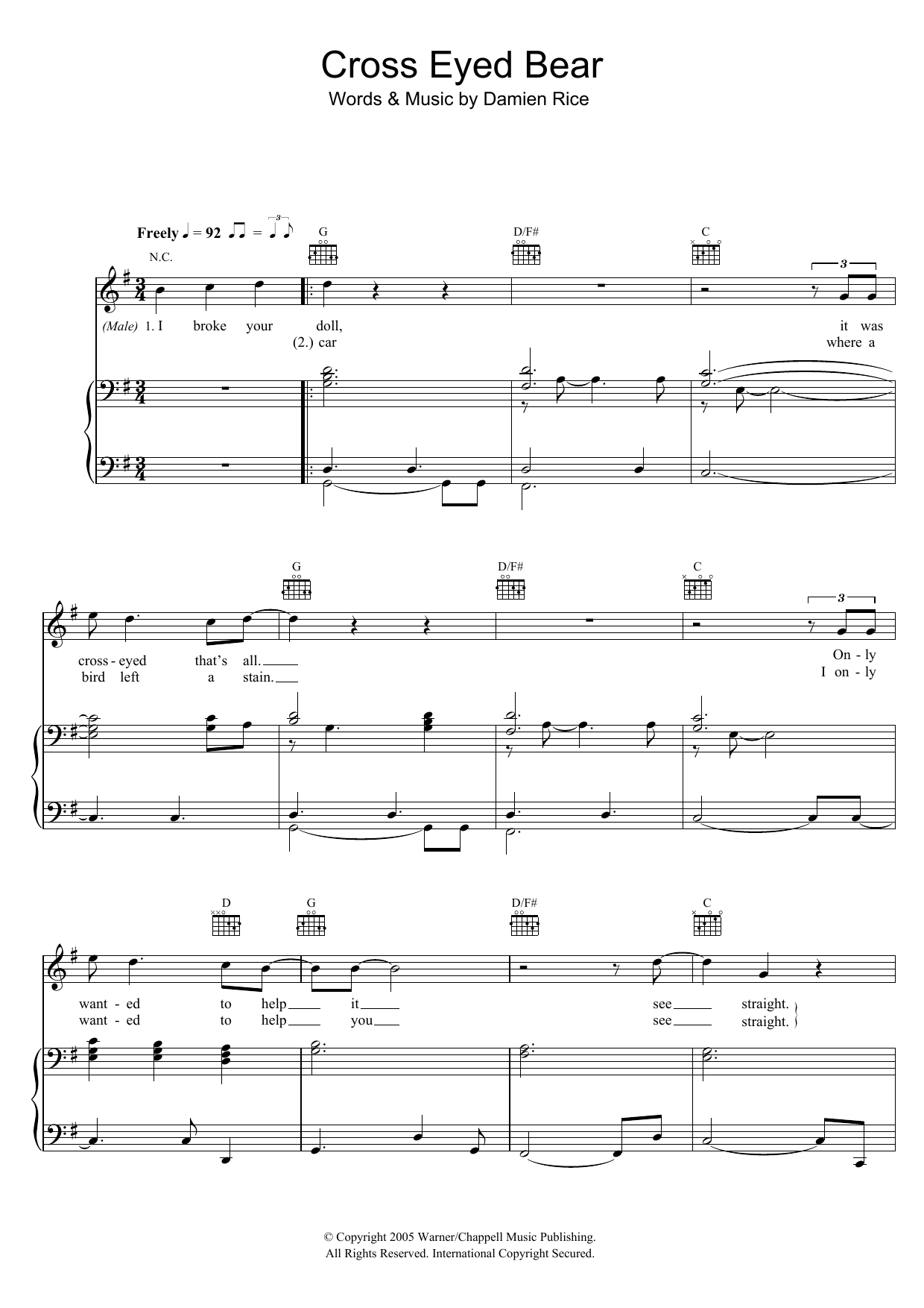 Damien Rice Cross-Eyed Bear sheet music notes and chords. Download Printable PDF.