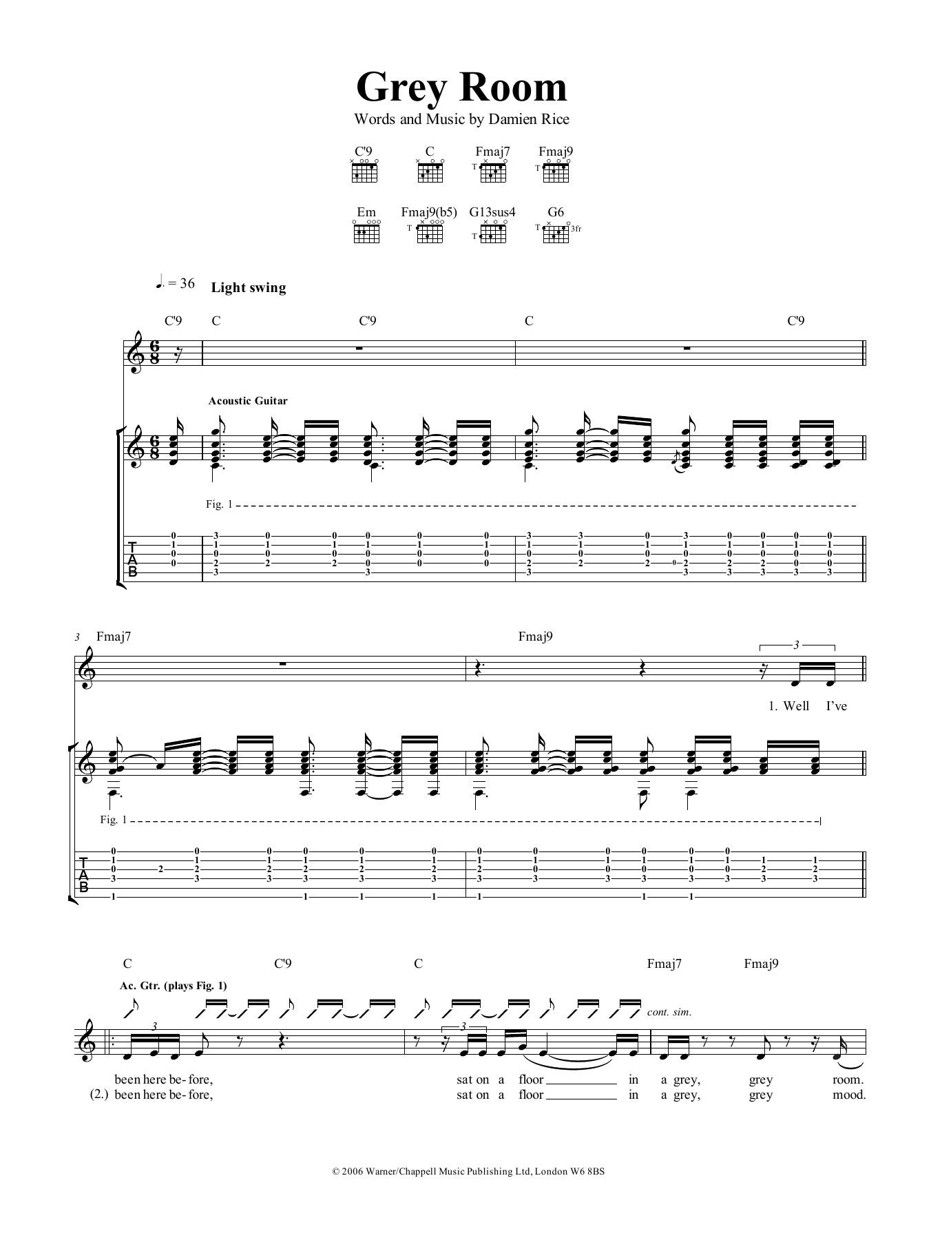 Damien Rice Grey Room sheet music notes and chords. Download Printable PDF.