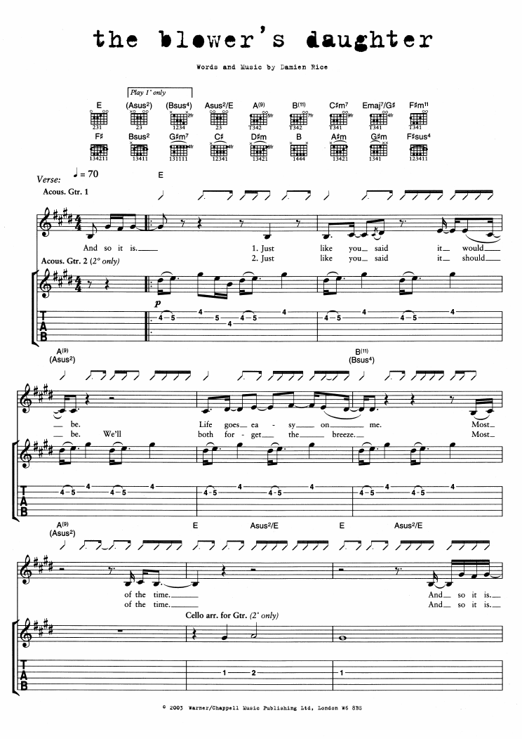 Damien Rice The Blower's Daughter sheet music notes and chords. Download Printable PDF.