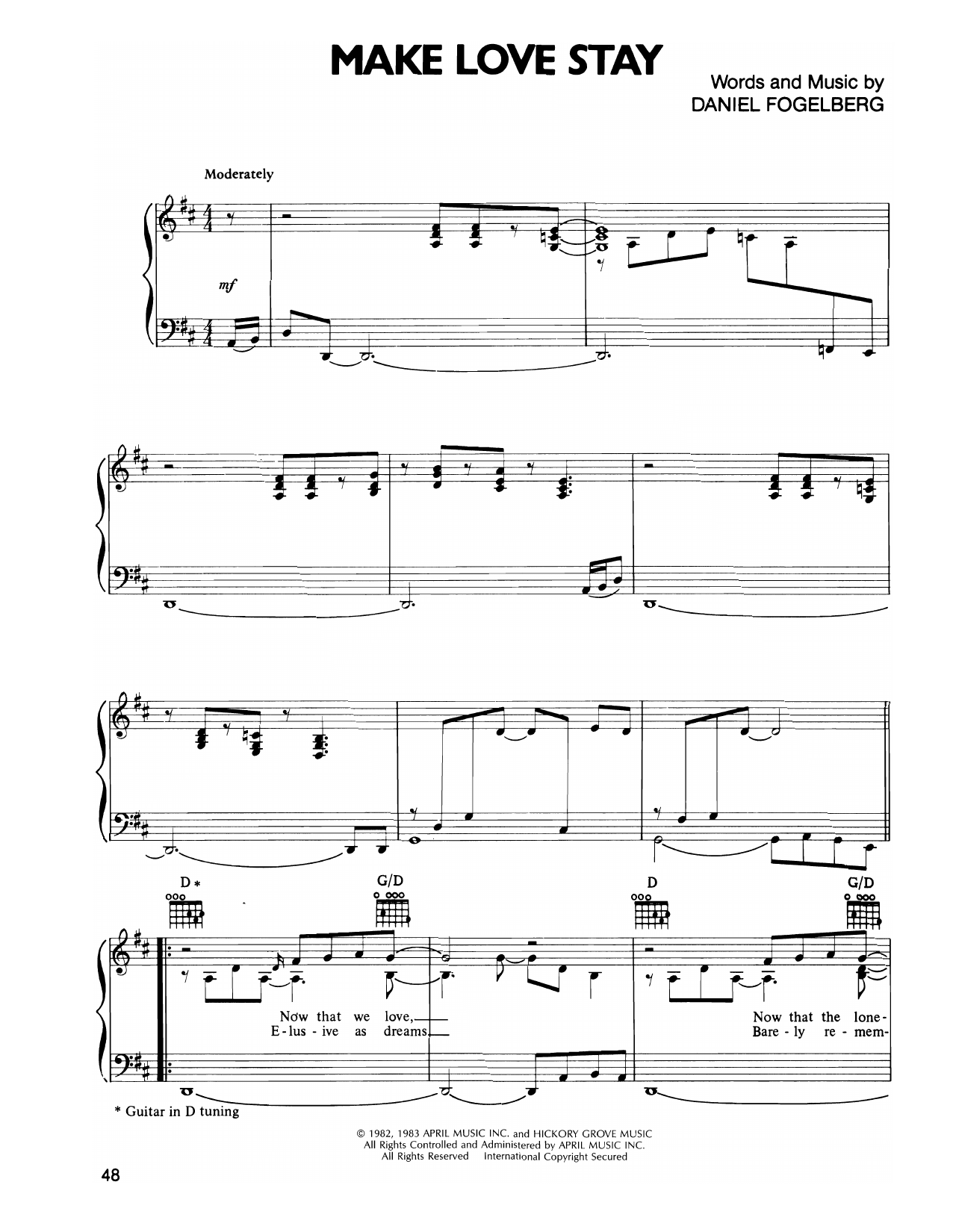 Learn to play Dan Fogelberg Make Love Stay sheet music for Piano, Vocal & Guitar Chords (Right-Hand Melody) in minutes. Price: 7.8900$ Dan Fogelberg Make Love Stay sheet music notes and chords arranged for Piano, Vocal & Guitar Chords (Right-Hand Melody)