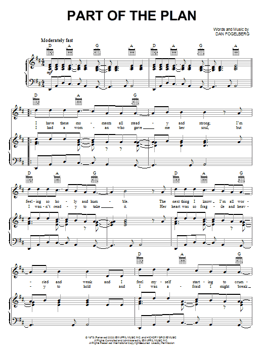 Learn to play Dan Fogelberg Part Of The Plan sheet music for Piano, Vocal & Guitar Chords (Right-Hand Melody) in minutes. Price: 7.8900$ Dan Fogelberg Part Of The Plan sheet music notes and chords arranged for Piano, Vocal & Guitar Chords (Right-Hand Melody)
