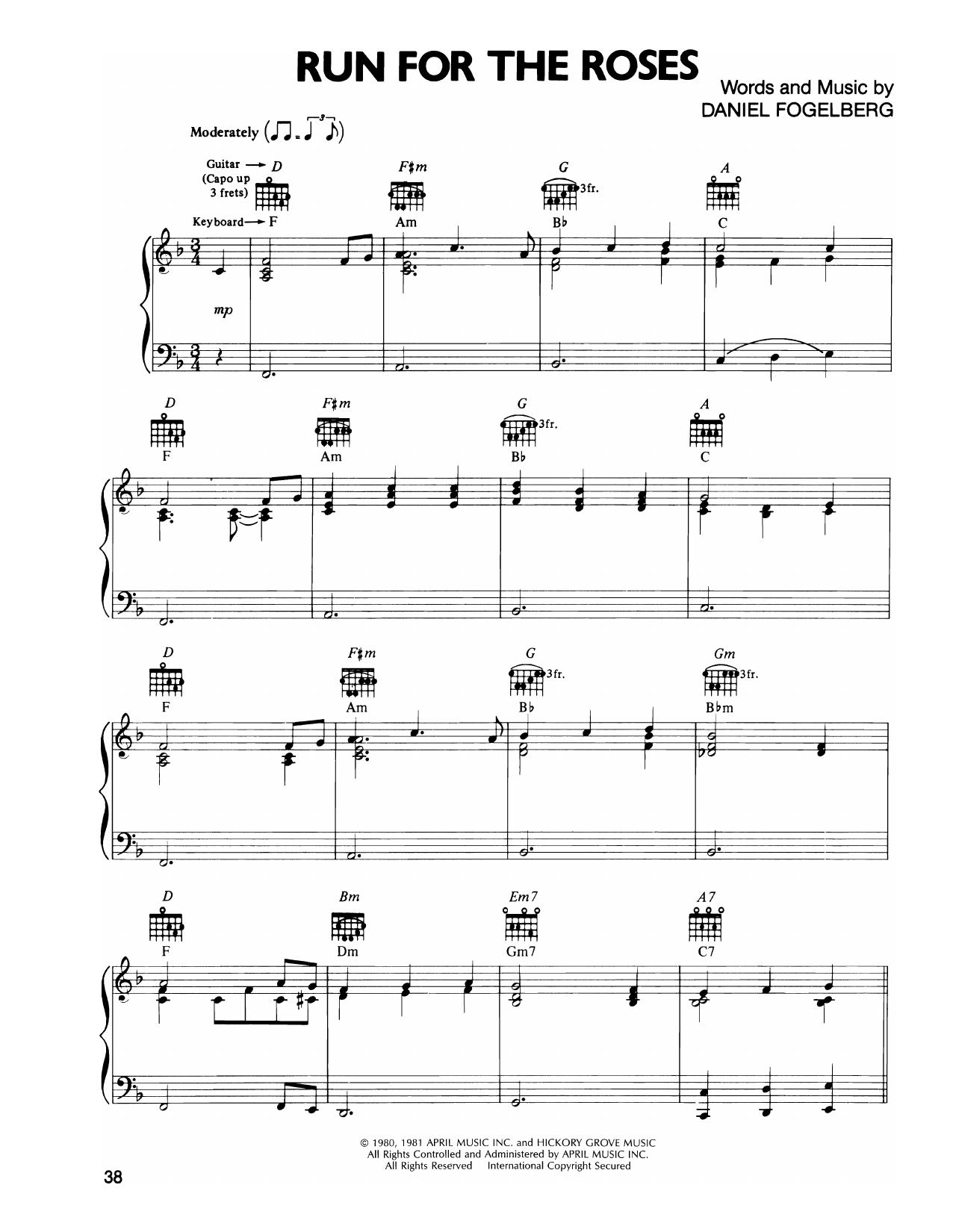 Dan Fogelberg Run For The Roses sheet music notes and chords. Download Printable PDF.