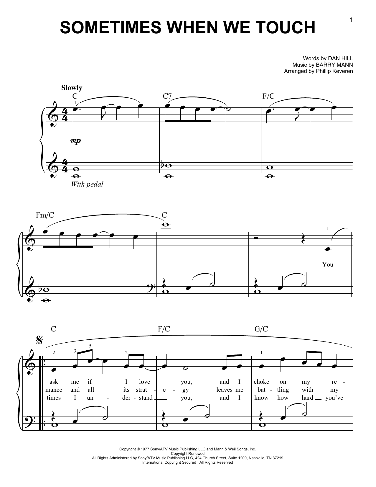 Dan Hill Sometimes When We Touch sheet music notes and chords arranged for Easy Piano