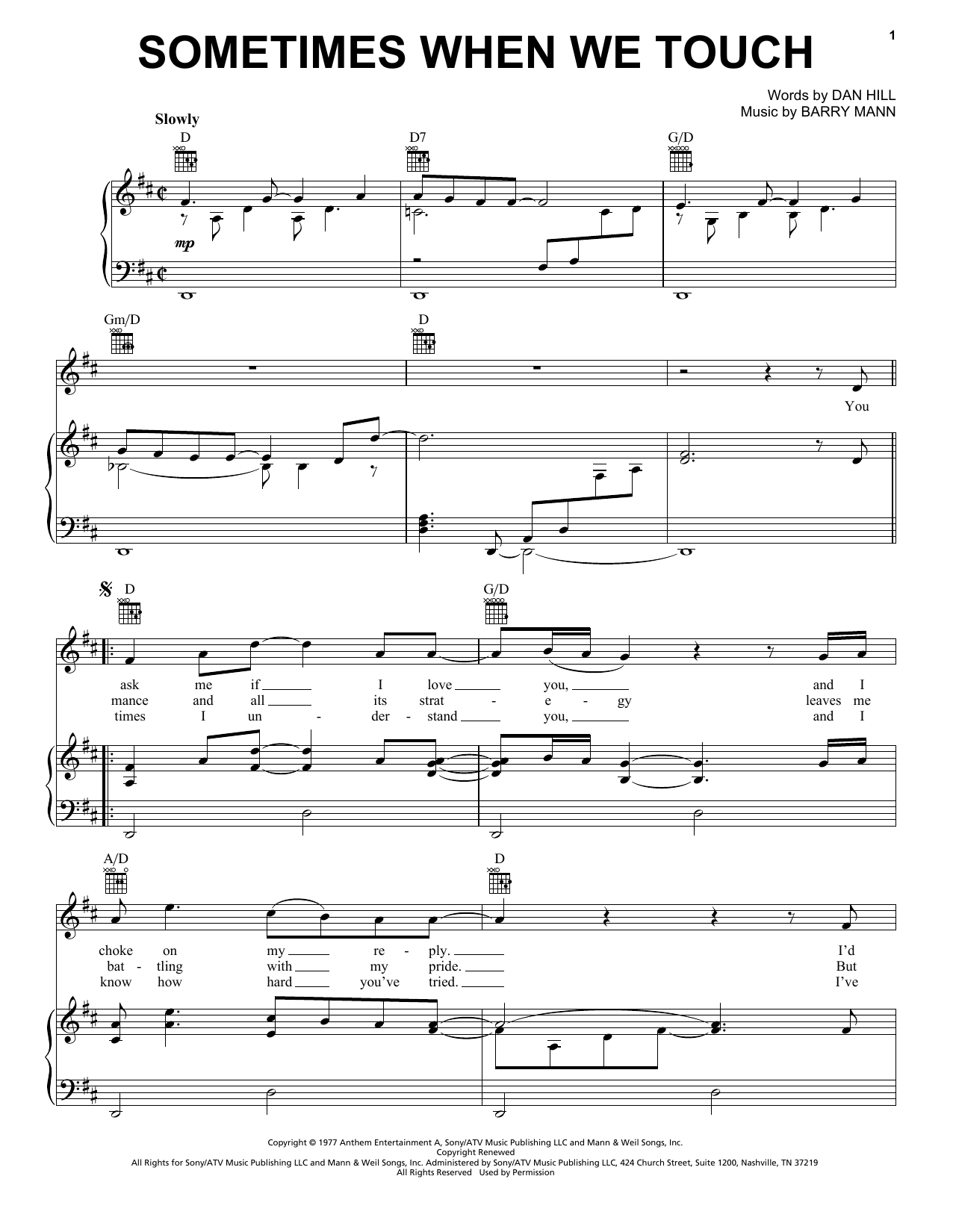 Dan Hill Sometimes When We Touch sheet music notes and chords. Download Printable PDF.