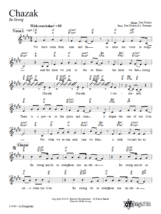 Learn to play Dan Nichols Chazak sheet music for Lead Sheet / Fake Book in minutes. Price: 5.9900$ Dan Nichols Chazak sheet music notes and chords arranged for Lead Sheet / Fake Book