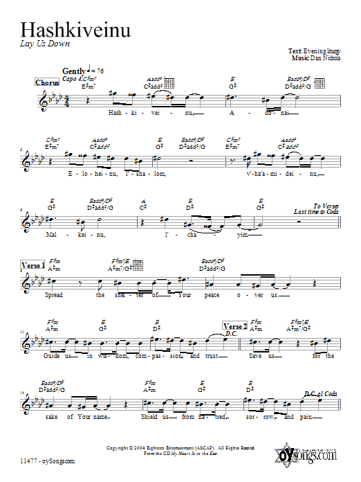 Learn to play Dan Nichols Hashkiveinu sheet music for Lead Sheet / Fake Book in minutes. Price: 5.9900$ Dan Nichols Hashkiveinu sheet music notes and chords arranged for Lead Sheet / Fake Book