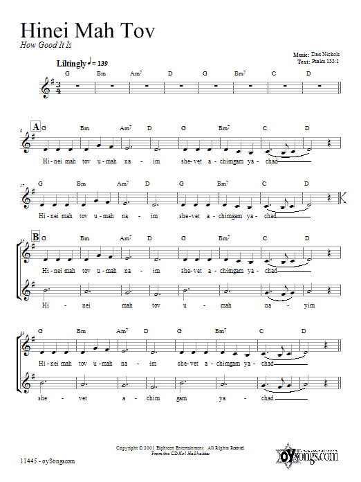 Learn to play Dan Nichols Hinei Mah Tov sheet music for Lead Sheet / Fake Book in minutes. Price: 5.9900$ Dan Nichols Hinei Mah Tov sheet music notes and chords arranged for Lead Sheet / Fake Book
