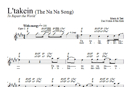 Learn to play Dan Nichols L'takein (The Na Na Song) sheet music for Lead Sheet / Fake Book in minutes. Price: 5.9900$ Dan Nichols L'takein (The Na Na Song) sheet music notes and chords arranged for Lead Sheet / Fake Book