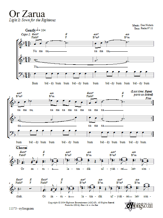 Dan Nichols Or Zarua sheet music notes and chords. Download Printable PDF.