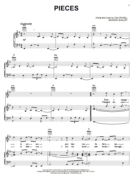 Dan Powell Pieces sheet music notes and chords arranged for Piano, Vocal & Guitar Chords (Right-Hand Melody)