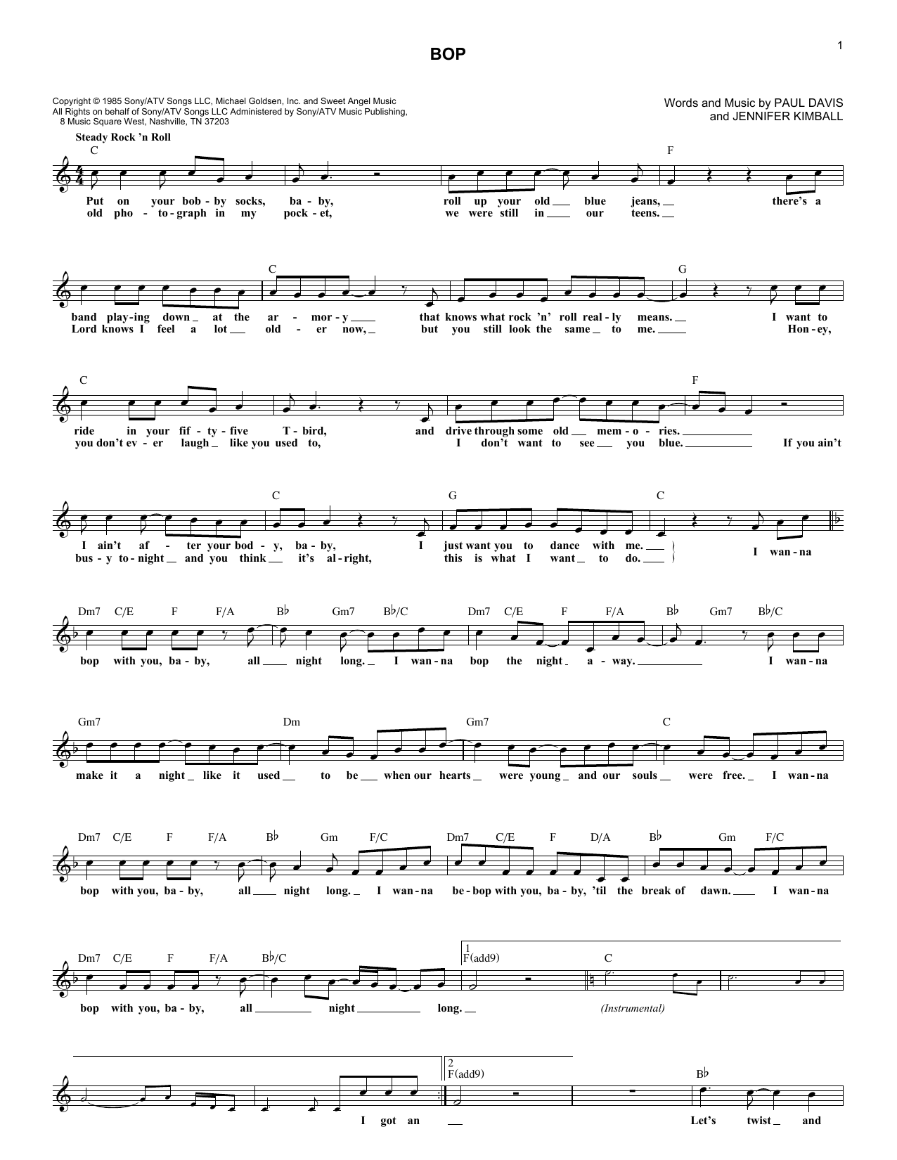 Learn to play Dan Seals Bop sheet music for Lead Sheet / Fake Book in minutes. Price: 5.9900$ Dan Seals Bop sheet music notes and chords arranged for Lead Sheet / Fake Book