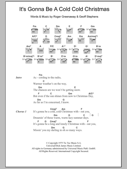 Dana It's Gonna Be A Cold Cold Christmas sheet music notes and chords. Download Printable PDF.